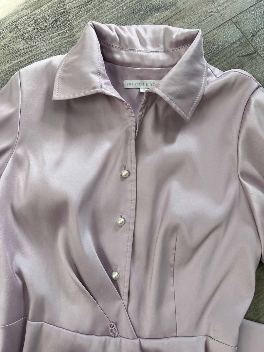Preston & York Lavender Midi Shirt Dress with tie, puff sleeve and pearl buttons - Picture 9 of 14